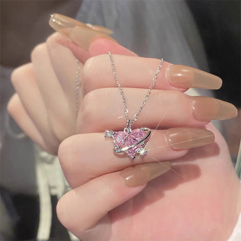 Pink Planet Heart Zircon Pendant Necklaces Women Fashion