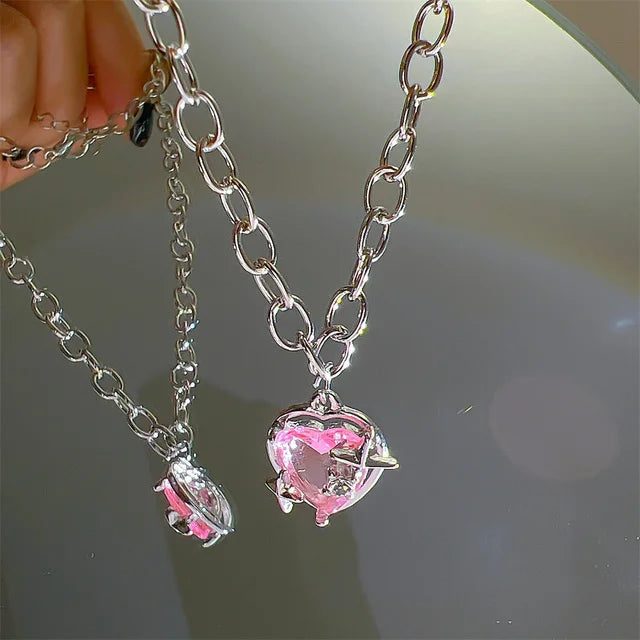 Pink Planet Heart Zircon Pendant Necklaces Women Fashion