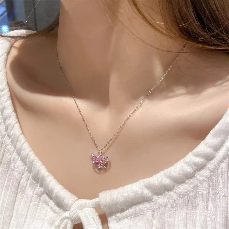 Pink Planet Heart Zircon Pendant Necklaces Women Fashion