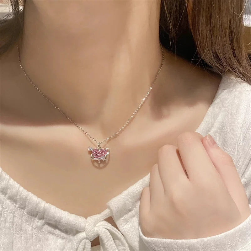 Pink Planet Heart Zircon Pendant Necklaces Women Fashion