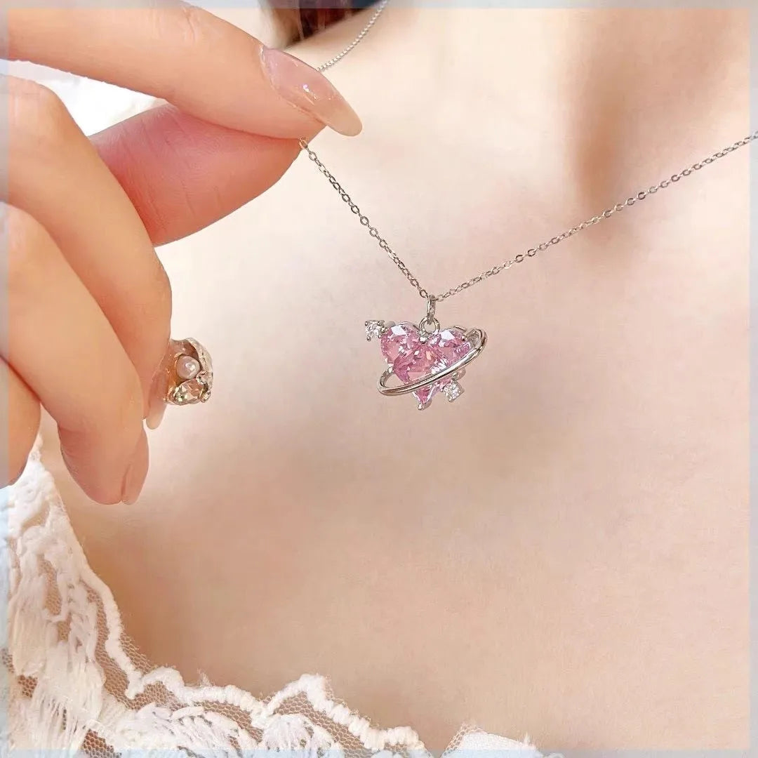 Pink Planet Heart Zircon Pendant Necklaces Women Fashion