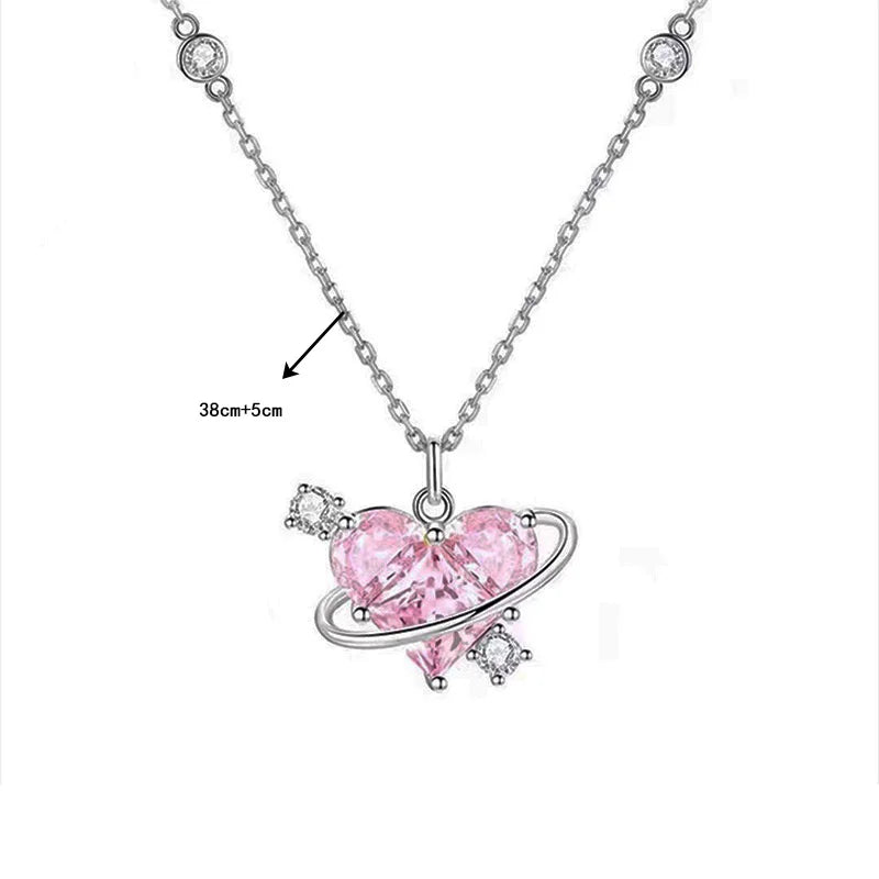 Pink Planet Heart Zircon Pendant Necklaces Women Fashion