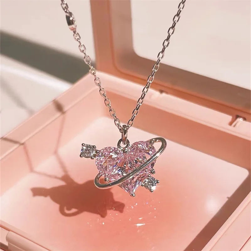 Pink Planet Heart Zircon Pendant Necklaces Women Fashion