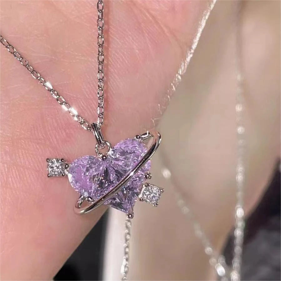 Pink Planet Heart Zircon Pendant Necklaces Women Fashion