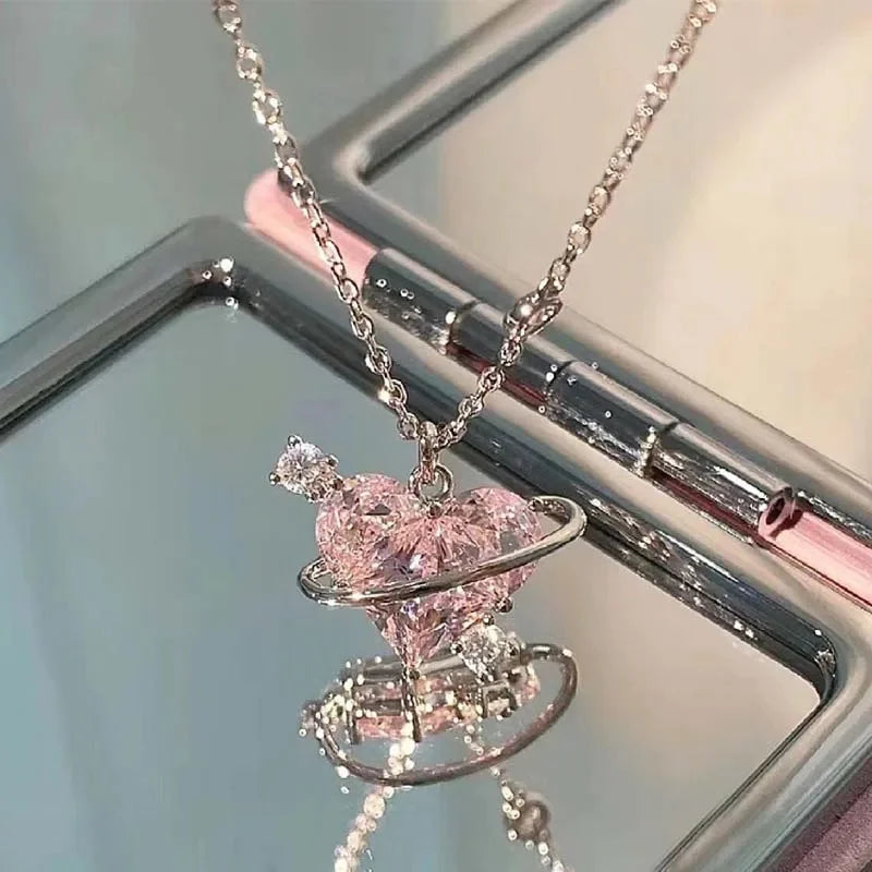 Pink Planet Heart Zircon Pendant Necklaces Women Fashion