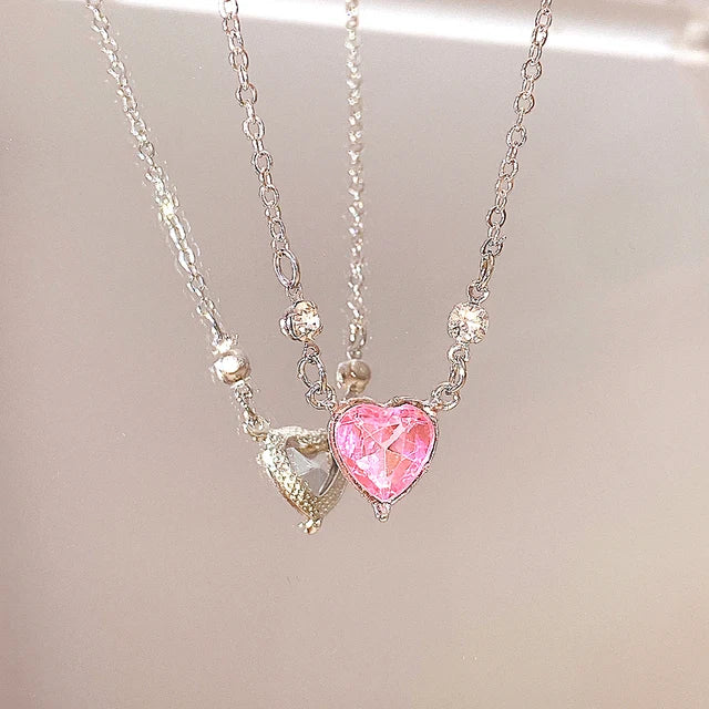 Pink Planet Heart Zircon Pendant Necklaces Women Fashion